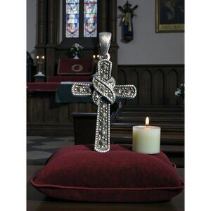 Vintage 925 Sterling Silver Marcasite Cross Pendant 1.25inch signed PD